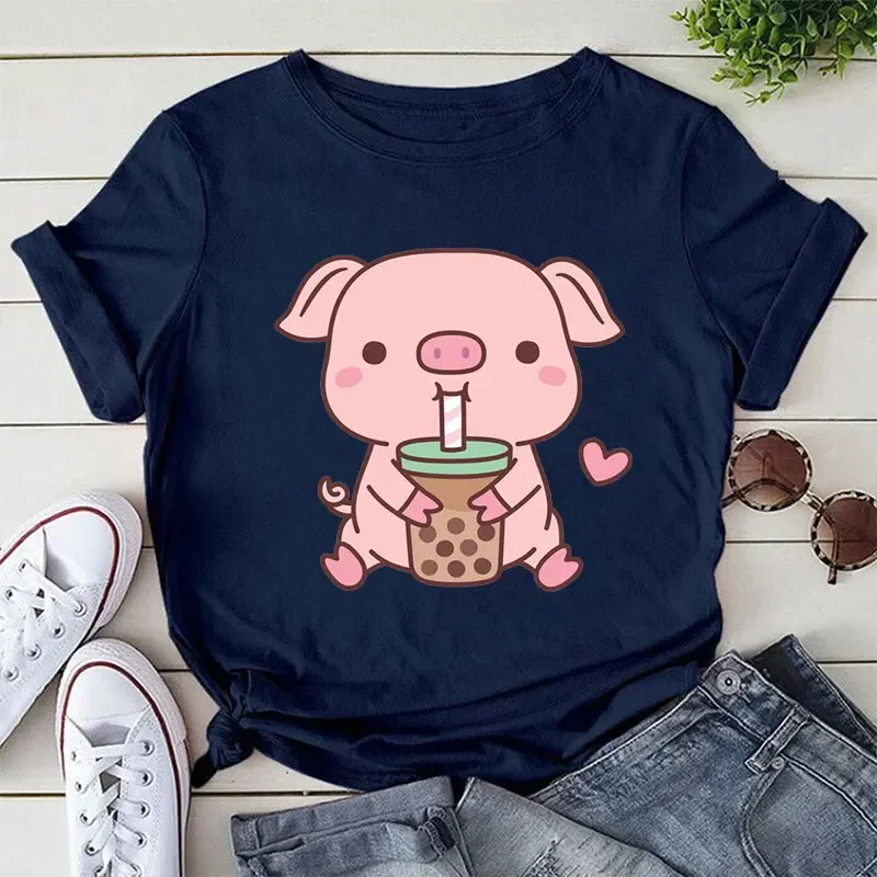 Women Casual T-shirt Cute Harajuku Y2K Tops Clothing Pig Boba Tea Print Short Sleeve Kawaii Pink Pig Oversize Fashion Trend Tees