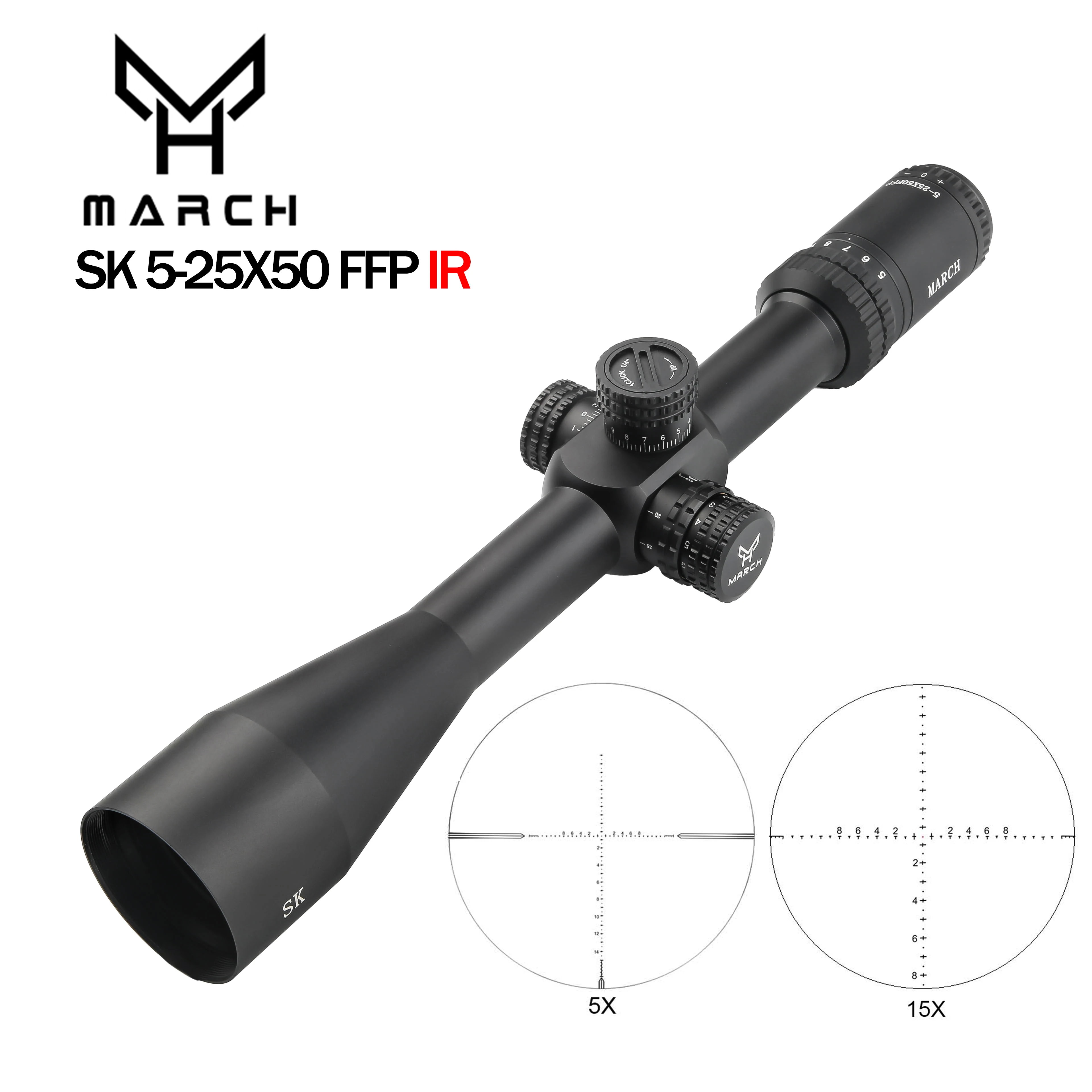 

MARCH Hunting Rifle Scope SK5-25X50FFP Tactical Riflescope Airsoft Sight Etched Glass First Focal Plane Red Green lllumination