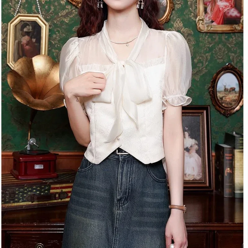

Short Sleeve Lacing Elegant Short Blouse Women Clothing Summer Thin Irregular Hollow Out Temperament Shirt Tops Fashion Korean