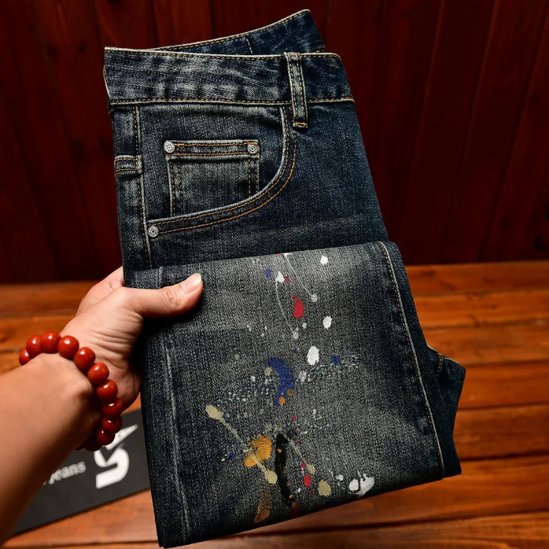 Retro blue jeans men's paint printed fashionable straight tube elastic casual street nostalgic pants