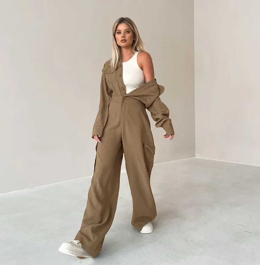 Elegant Khaki Casual Rompers Long Sleeves With Wide Legs Pants One-Piece Ladies Office Ladies Pockets Jumpsuits 2024