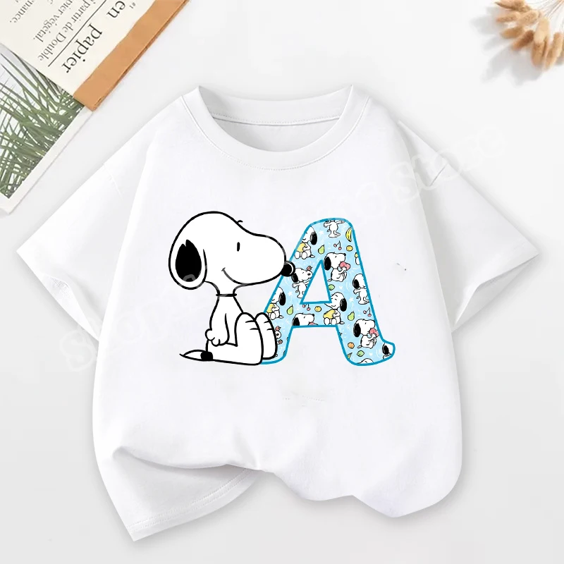 

Детская футболка с короткими рукавами Snoopy, хлопковые топы с принтом аниме A-Z для мальчиков и девочек, летние повседневные футболки с круглым вырезом с героями мультфильмов, подарки