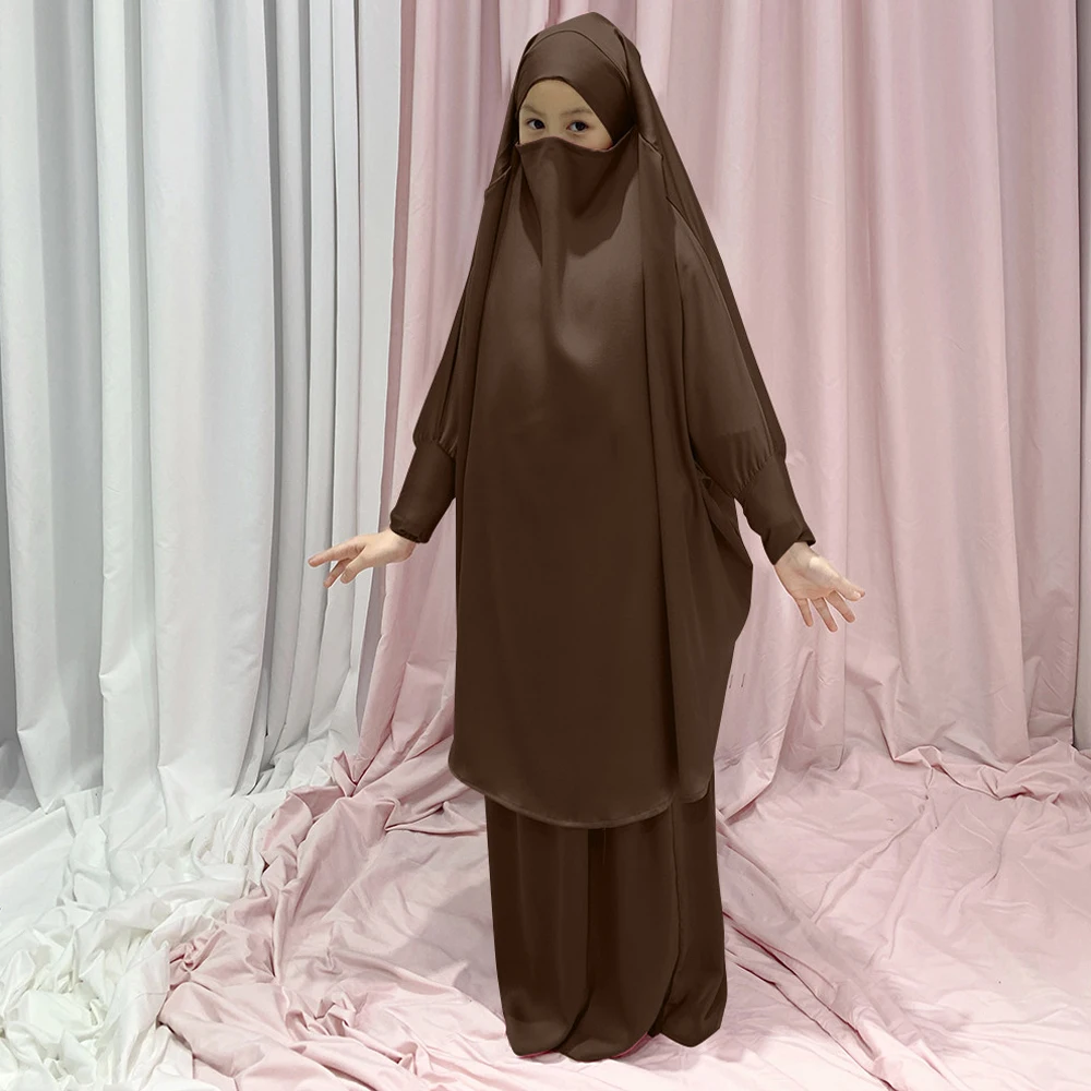 Imagem -05 - Vestido Muçulmano com Capuz Eid Infantil Crianças Hijab Vestuário de Oração Caftan Abaya Conjunto de Saia Khimar Infantil Cobertura Completa Ramadan Roupas Islâmicas