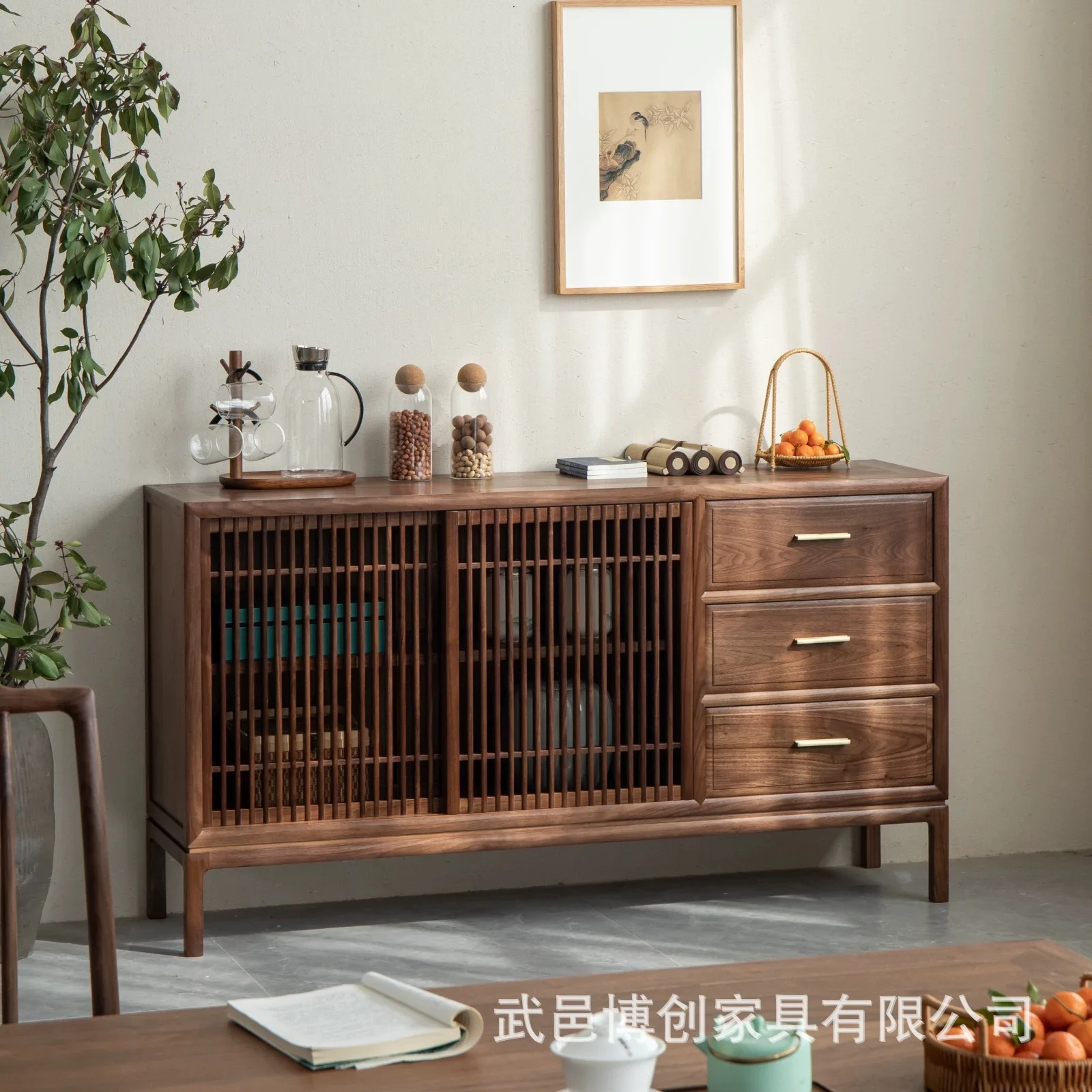 HYS new Chinese style northern old elm solid wood dining side cabinet tea side cabinet tea side cabinet push-pull storage