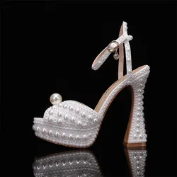 2024 Autumn New Fish Mouth High Heels Slim Heels Shallow Mouth Water Diamond Pearl Women's Single Shoes Wedding Wedding Shoes