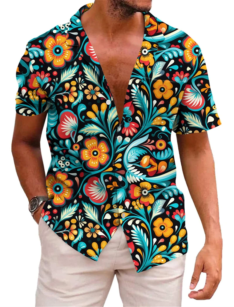 Tops - Men Lapel Short Sleeve Shirt Black