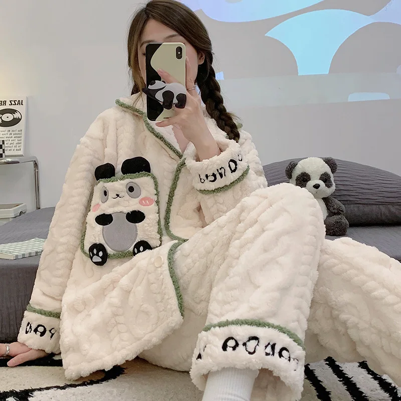 Coralline Pyjamas for Ladies Girls Warm Home Clothing Cute Panda Printed Pajamas Winter Roomwear Home Suit Night Clothes Women