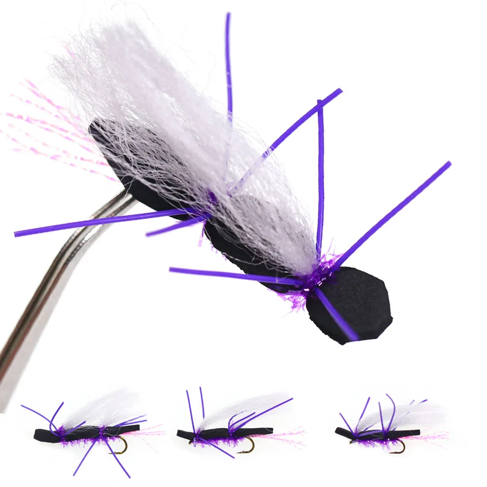 3/6PCS Fliegenfischen Lila Chubby Tschernobyl Lila Gummibeine Schwarzer Schaumstoffkörper Schwimmendes TopWater Dry Fly Forelle Bass Angelköder