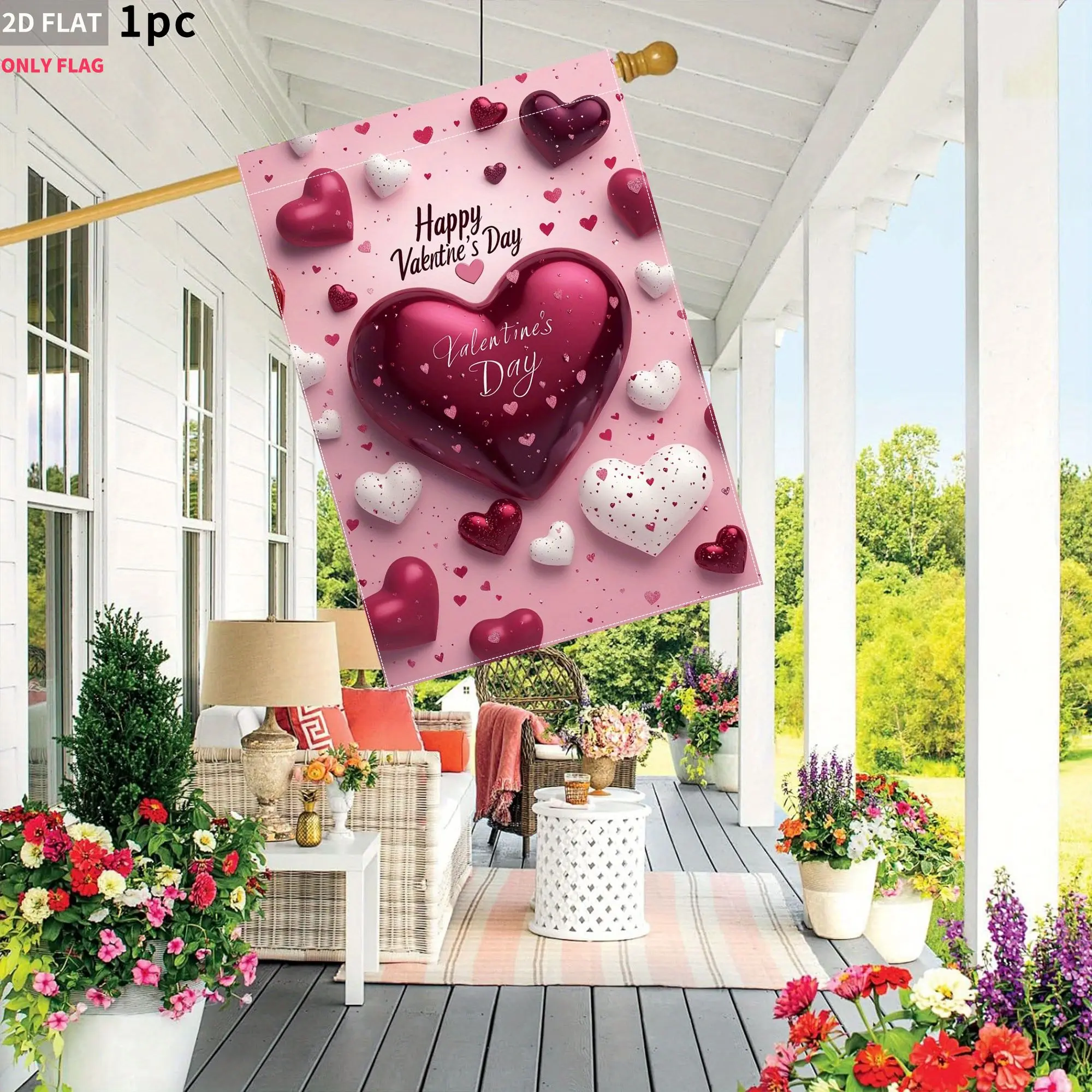 

2D FLAT 1pc Double-Sided garden flag Happy Valentine's Day Heart Pattern 28x40 Inch Polyester fabric, Perfect for Patio, Garden,