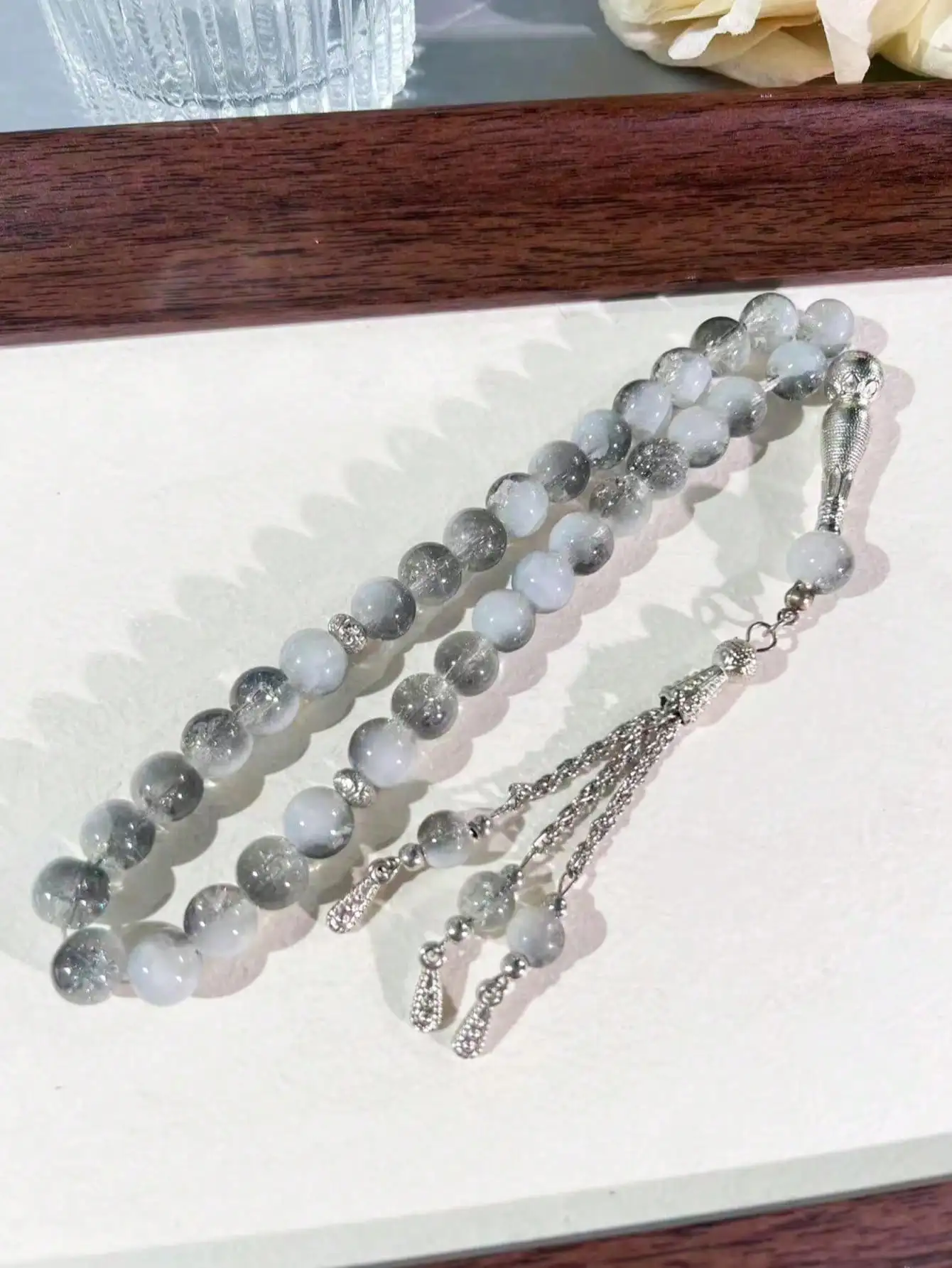 10mm 33Pcs Cracked Glass Muslim Prayer Beads Tasbih, Handmade Islamic Misbaha Rosary Bracelet with Exquisite Texture, Portable R view 4