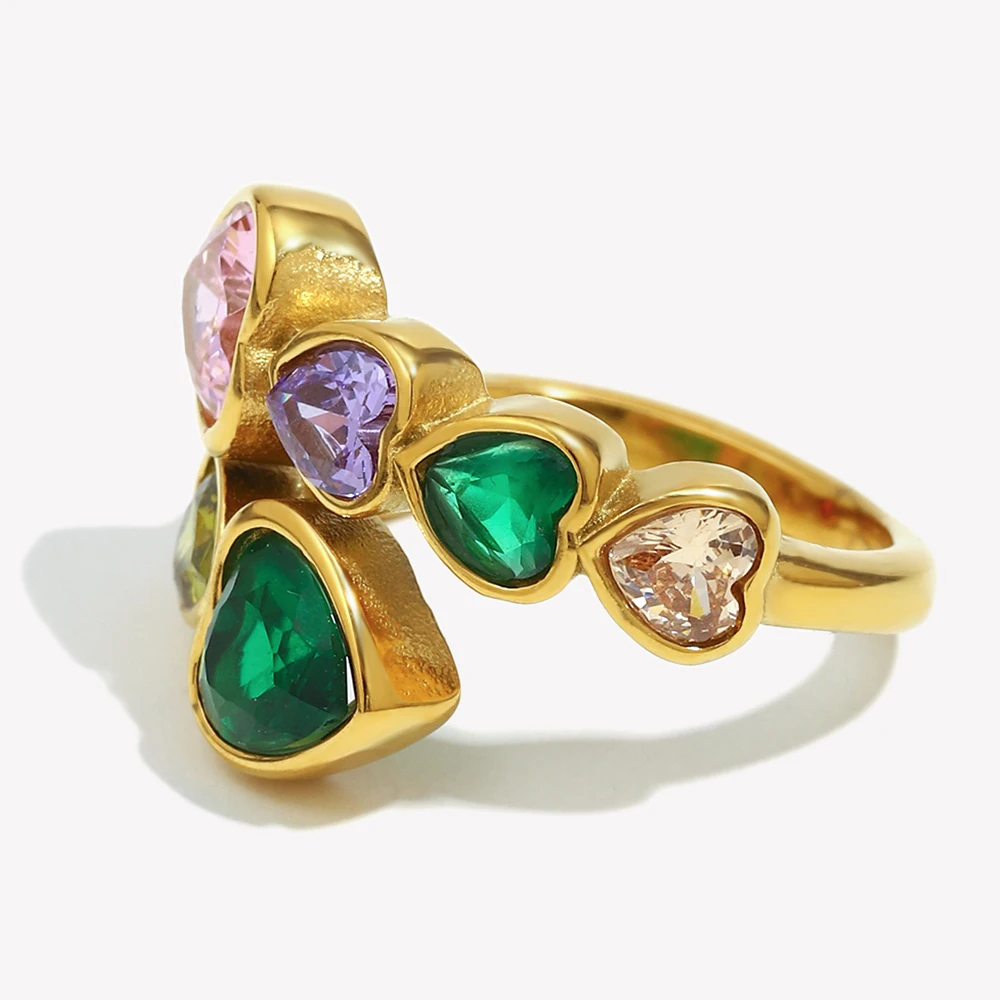 E.B.belle Open Heart Zircon Ring Colorful Hypoallergenic 316L Stainless Steel Decoration 18K Gold Plated Jewelry