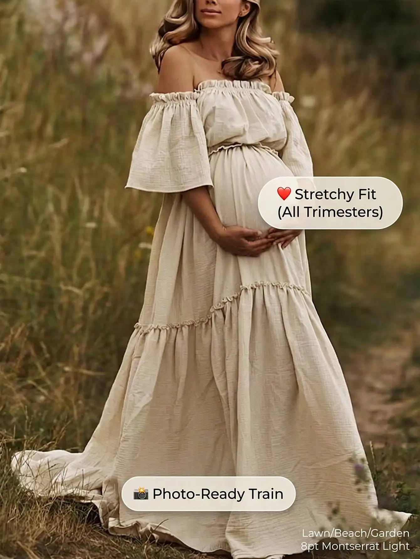 

Овсяно-бежевое многослойное платье макси для беременных с открытыми плечами, оборками по низу и легким стрейчем