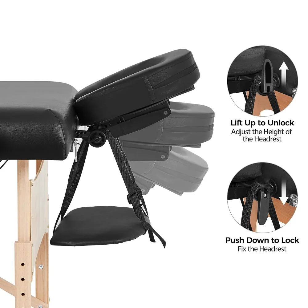 طاولات التدليك المحمولة سرير الرموش قابلة للطي طاولة تدليك واسعة مع مسند وحقيبة حمل تجميل الوجه باللون الأسود #5