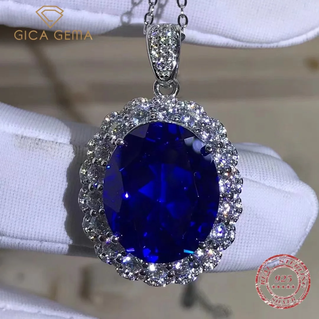 Gica Gema 100% 925 Sterling Silver 15 CT Royal Blue Lab Sapphire Gemstone Cocktail 18K Gold Plated Necklace Pendant Fine Jewelry