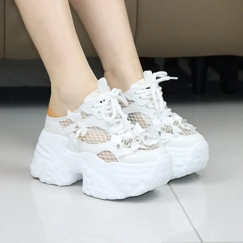 Summer Women Platform Slip‑On Shoes 10CM Height Increasing Mesh Upper Backless Dad Shoes Casual Fashion Sneakers 2026