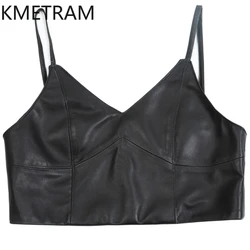 KMETRAM Sheepskin Real Leather Vest for Women Black Autumn Womens Clothes Versatile Short Camisole 2024 Tops Roupas Femininas