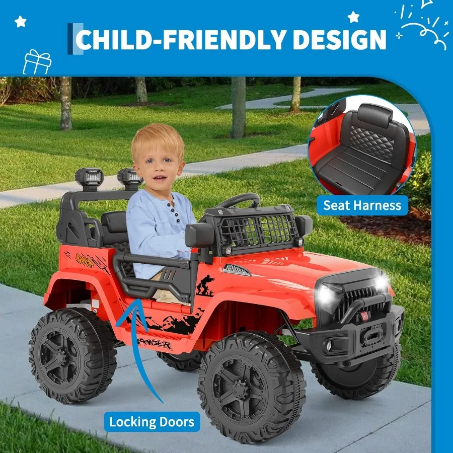 トラックカーに乗って、12Vの子供用電動車両、リモコン付き、スプリングサスペンション、LEDライト、Bluetooth、3段階の速度調整機能付き