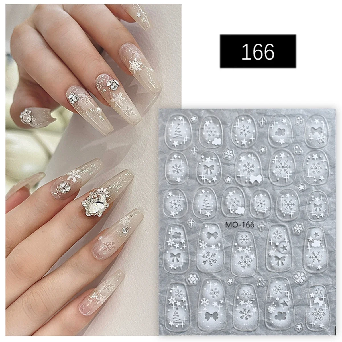 Pegatinas de decoración de uñas de Navidad, calcomanías de copos de nieve huecos blancos con purpurina 5D, Año Nuevo