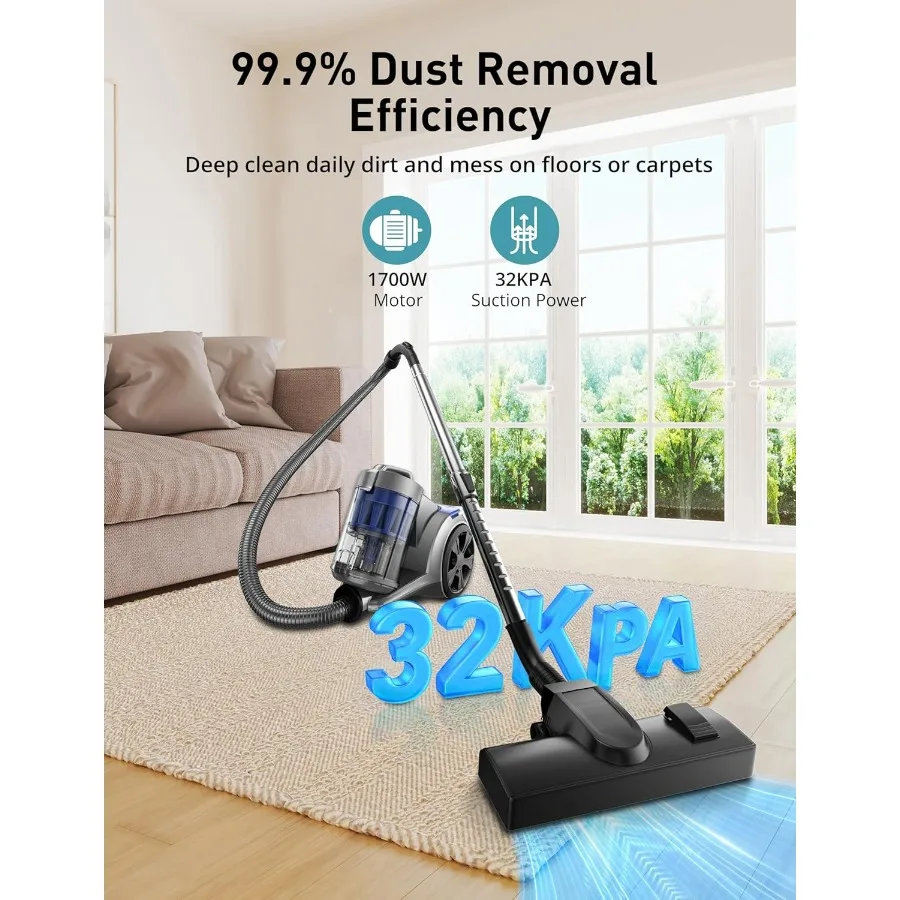 1700W Canister Vacuum Cleaner with 32Kpa Suction Power Bagless Design Featuring MultiCyclonic Filtration and Dual AntiAllergen