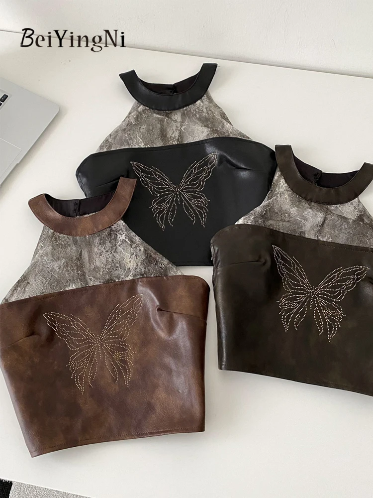 

Beiyingni 2025 Y2K майки из искусственной кожи, женские сексуальные клубные топы, уличная кружевная винтажная жилетка, женские майки с бабочкой и горячими бриллиантами