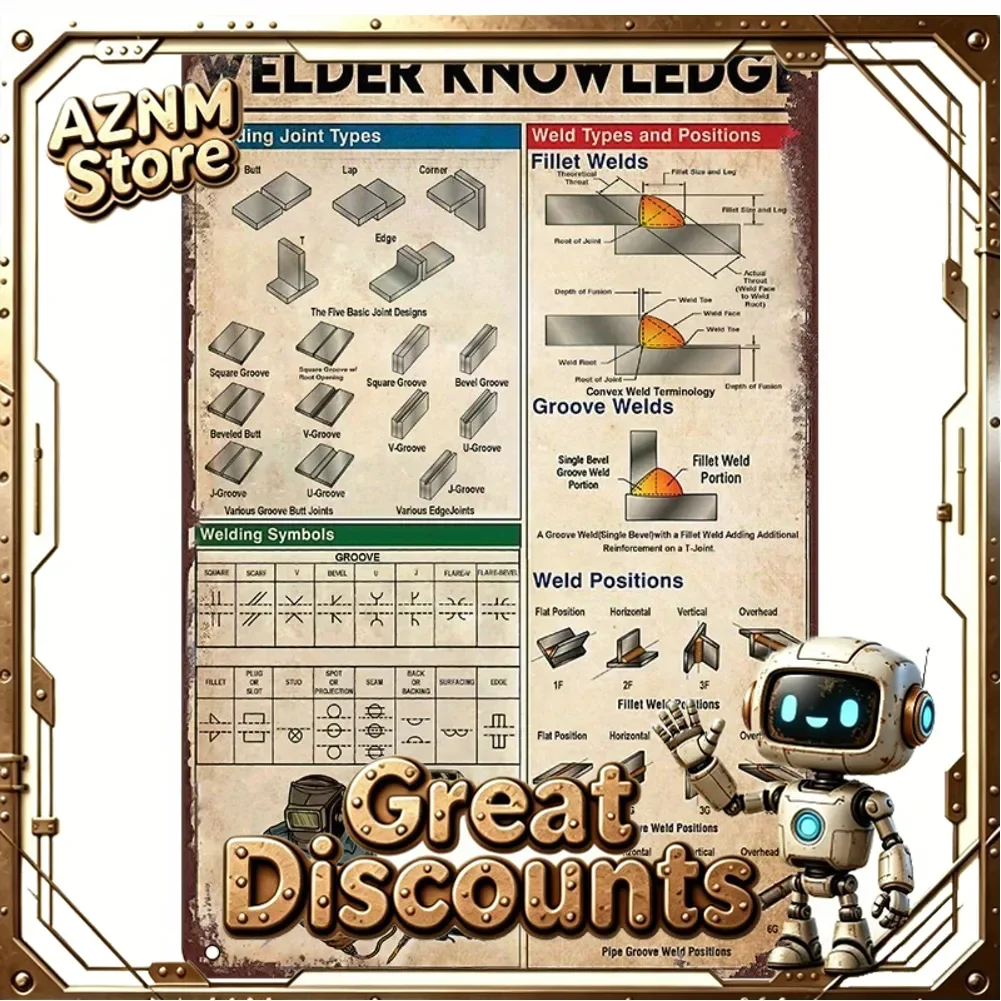 Vintage Welder Knowledge Metal Sign - Rustic Wall Decor for Home, Bedroom, or Workshop, Iron Wall Art with Welding Symbols