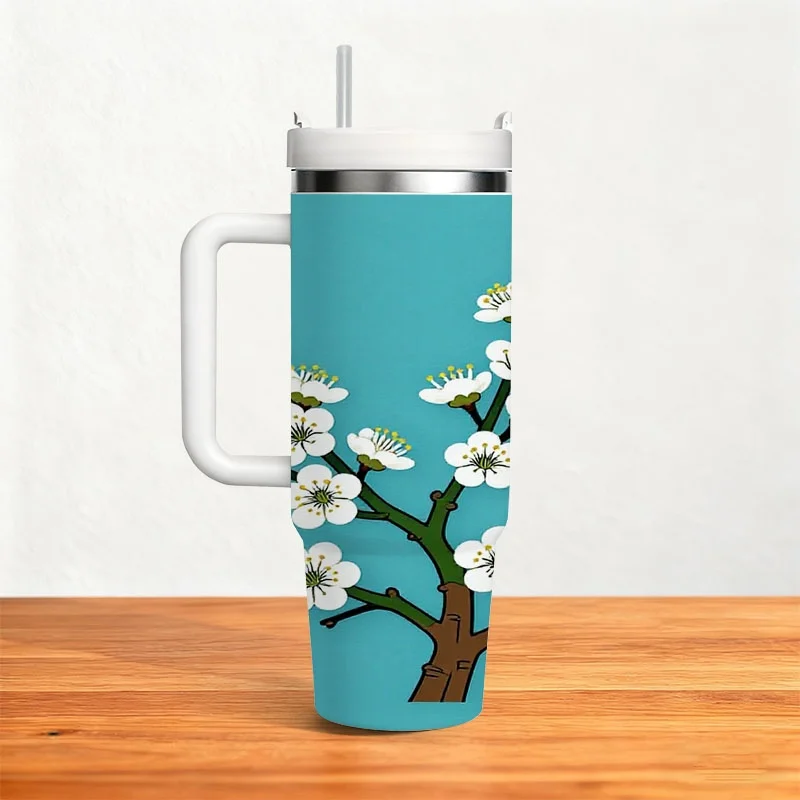 Stylized Plum Blossom Branch Print 40Oz Stainless Steel Insulated Tumbler, Flat Digital Printed Design with White Blooms And Yellow Stamens, Reusable Drink Container for Daily Outdoor Commute And Office Hydration