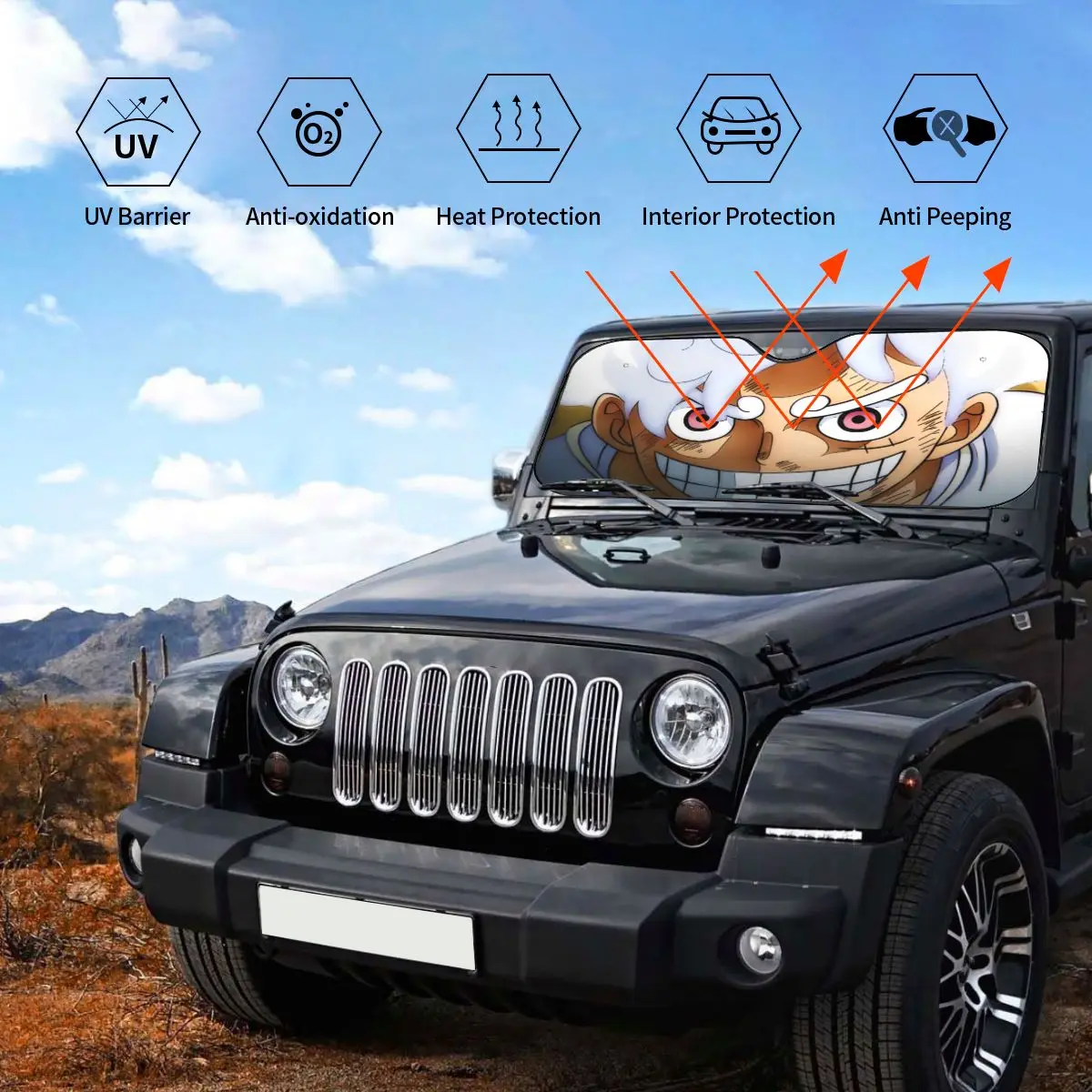Luffy Anime Gear 5 Windshield Sunshade Foldable Cover Front Block Window 70x130cm Sun Visor Blinds Sun Shade Protect