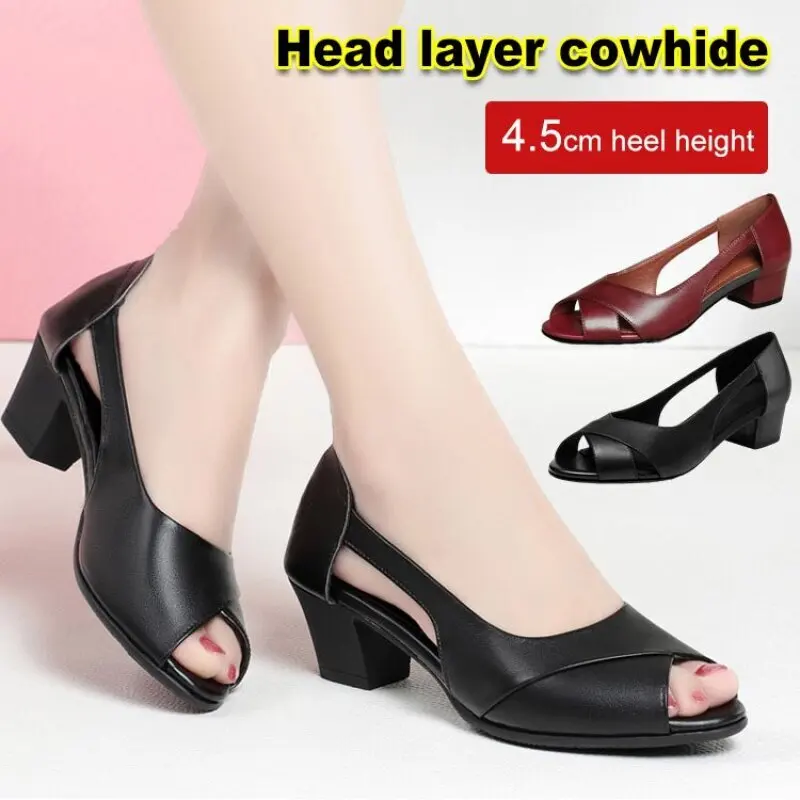 Summer Women\'s open toe shoes softsoled nonslip sandals Fashion Mid Heel soft leather shoes Korean Casual Peep Toe sandals