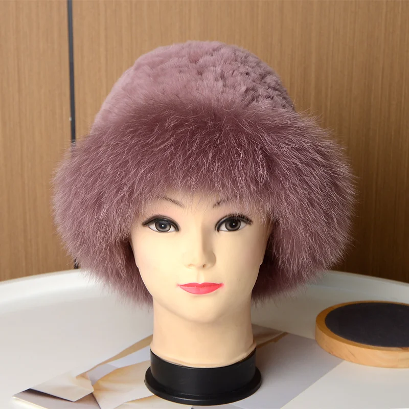 

Lady Real Rabbit Fur Warm Cap Winter Women Natural Fur Hat With Fluffy Fox Fur Brim Earmuffs Outdoor Warm Knit Winterproof Hats