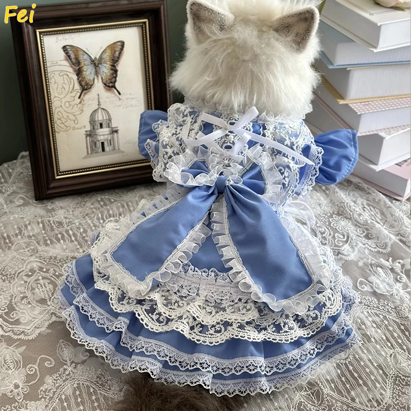 

Original Hamdmade Pet Dog Clothes Pure Cotton Blue Lace Bow Party Princess Dresses For Small Medium Dog Poodle Puppy Coat Skirts