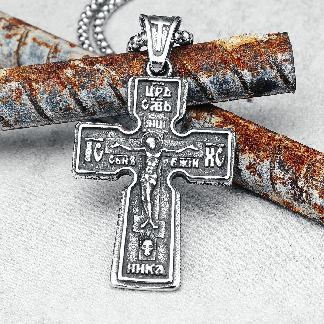 316L Stainless Steel Jesus Cross Pendant Vintage Friday Men Necklace Retro Chain Religion Rock Punk for Biker Male Jewelry Gift