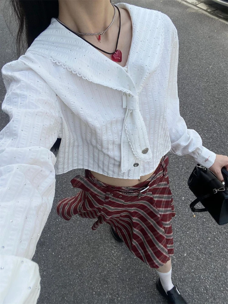 Korean Preppy Style Sweet Two Piece Sets Navy Collar Tops + High Waist Plaid Skirt New Fashion High Street Harajuku Suits Female