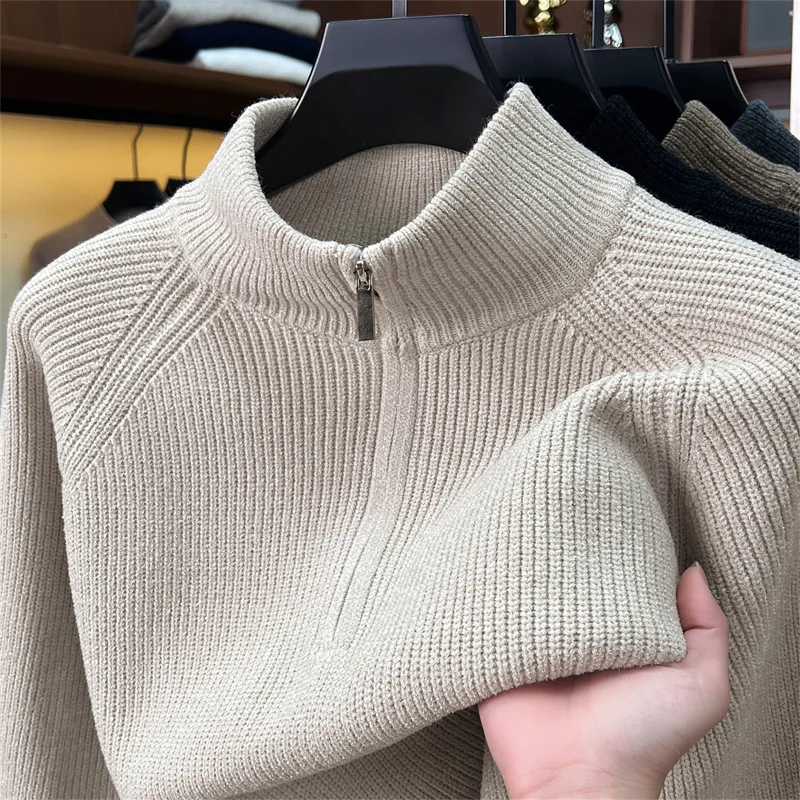 Classic solid color half zipper men's sweater luxury comfort warm half high neck winter knitted pullover new fashion casual top