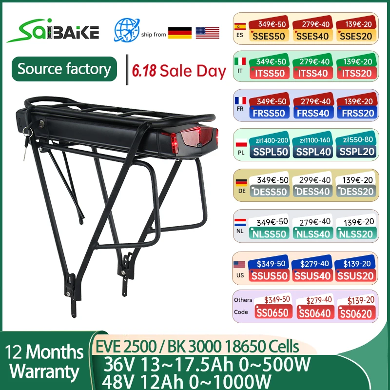 18650 بطارية الرف الخلفي eBike مع رف الأمتعة 36 فولت 13Ah 15Ah 17.5Ah 48 فولت 12Ah دراجة كهربائية Bateria لمحرك بافانغ 250 واط-1000 واط