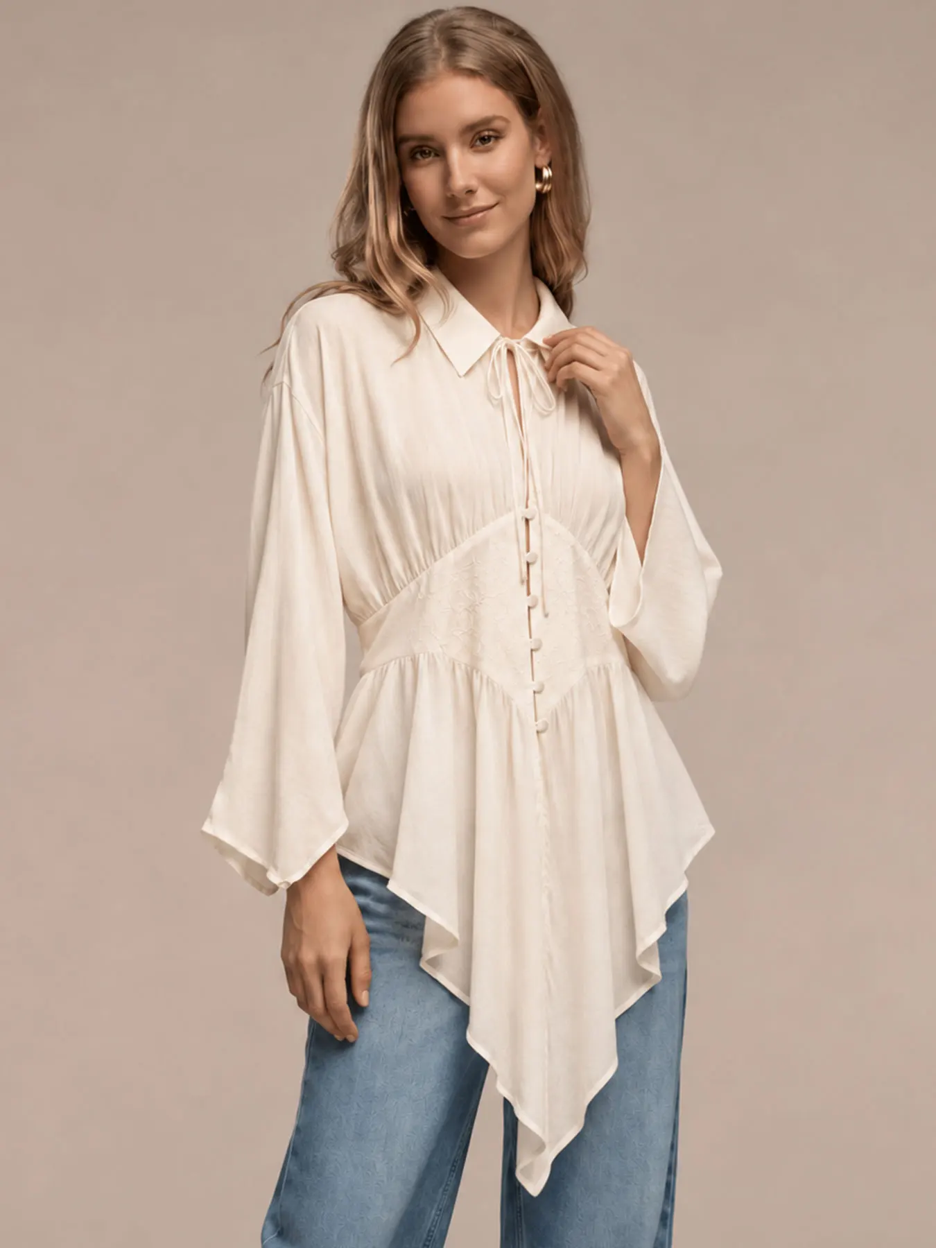 HH Chic Female Chiffon Lapel Neck Tie Top Flare Long Sleeve Embroidery Corset Waist Shirt Elegant Party Ruffle Hem Casual Blouse