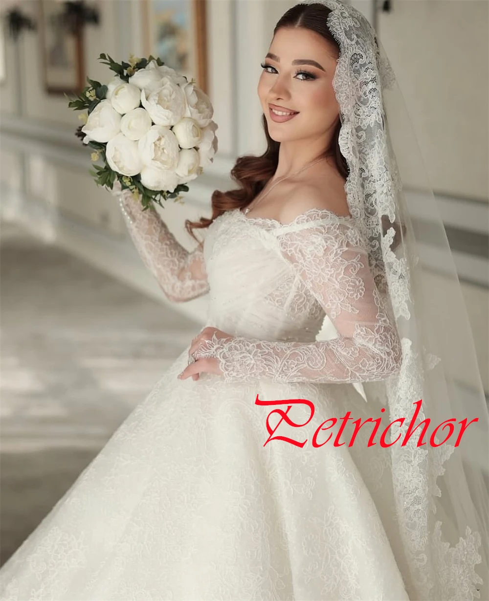 Customized High Quality White Organza Wedding Dress Exquisite Strapless Off the Shoulder Long Sleeves Chapel Train Bridal Gowns