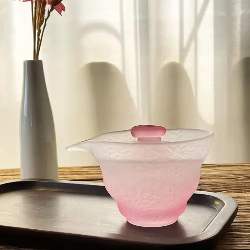 Glass Gaiwan Japanese Pink Lady Frosted Glass Tea Set National Tide Style Cover Bowl Male Cup Glass Cup Hostess Tea Cup Tea Cup