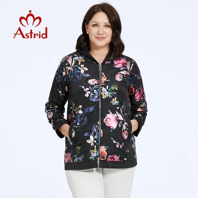 Astrid Women\'s Jacket Thin Windproof Coat Oversized Fashion Flower Print Trends Female Windbreaker with Zipper Hooded Streetwear