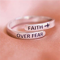 Open Mouth Adjustable Engraved Letter Ring Faith Over Fear Ring Lucky Jewelry