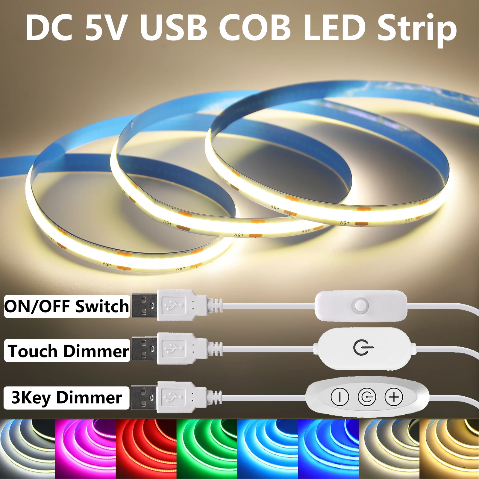 USB 5V COB LED Light Strip with ON OFF Switch Touch Sensor Dimmable Lamp 320LEDs/m High Density Linear Lighting Adhesive Tape