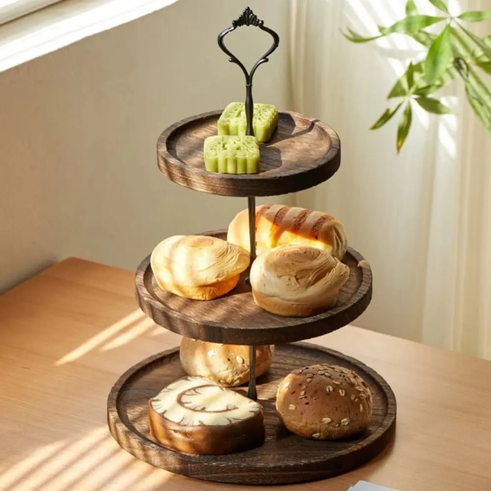 2/3-Layer Wooden Cupcake Stand Detachable Sturdy Round Tiered Fruit Plate with Handle Decorative Cake Serving Tray Dessert Table