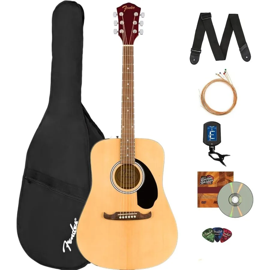 

Акустическая гитара Dreadnought FA-125 с натуральной отделкой и полным комплектом аксессуаров, включая медиаторы для тюнера с ремешком для сумки Gig