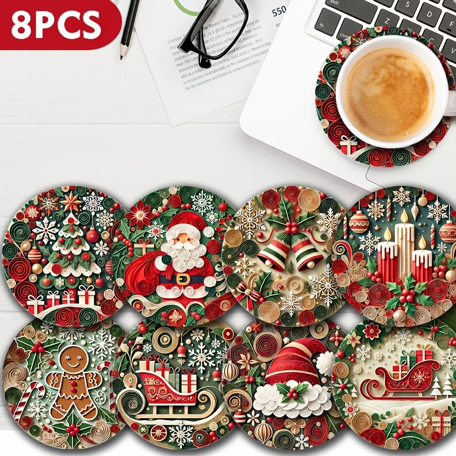 16/8 Pieces of Randomly Assorted Holiday-Themed Wooden 2D Flat Coasters - Heat-Resistant Round Table Protectors, Suitable for Christmas and Holiday Celebrations - Perfect Choice for Cafes, Offices, Restaurants, Kitchens, and Family Gatherings