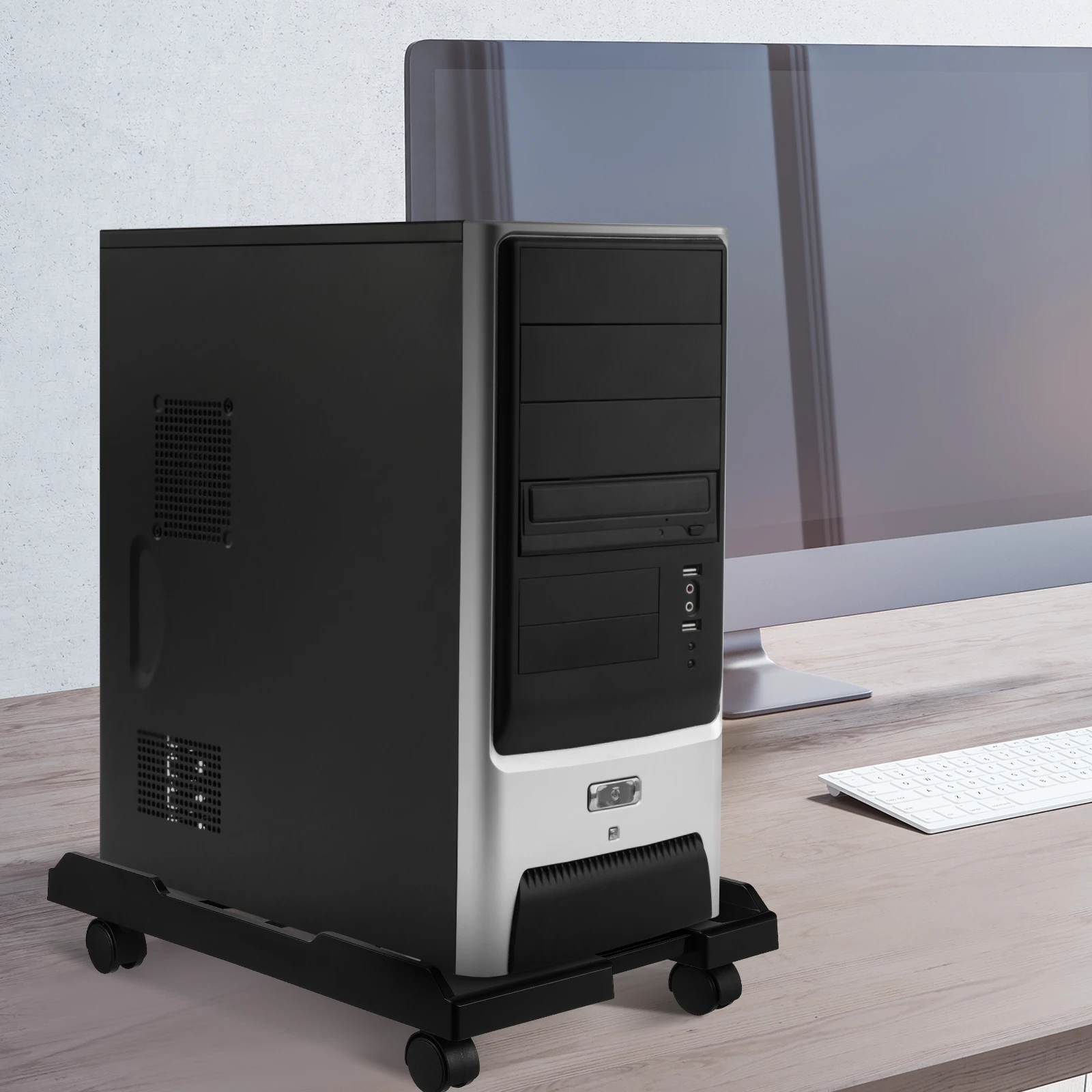 Adjustable Pc Tower Stand With Wheels Floor Computer Holder Black Mobile Cpu Cart Under Desk Easy Clean Sturdy Desktop Floor