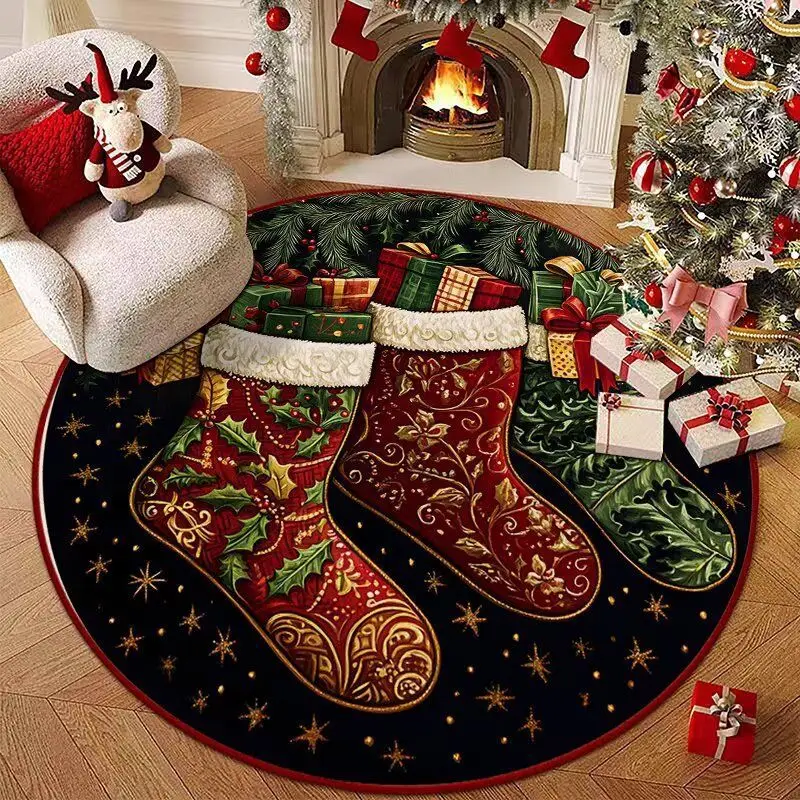 VIKAMA Circular Christmas Carpet Vintage Christmas Holly Gold Star Gift Box Floor Mat Living Room Holiday Home Christmas Decor