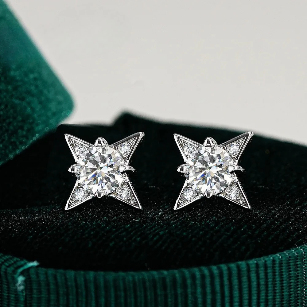 KyanGem Platinum PT950 Four-Pointed Star Moissanite Stud Earrings Snowflake-Set Diamond Women's Short Drop Earrings