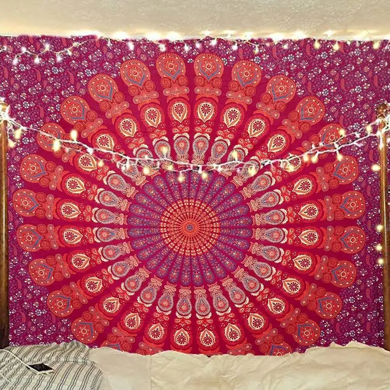 VIKAMA Tibetan Blue Bottom Orange Red Peacock Mandala Tapestry Wall Hanging Home Decor for Bedroom Living Room Dorm Mandala