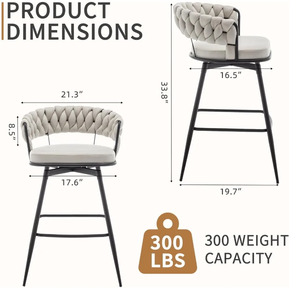 Conjunto de 4 bancos de bar com altura de balcão, cadeiras de bar modernas de 26 polegadas com encosto tecido, 360 °   Bancos de bar giratórios para ilha de cozinha, café