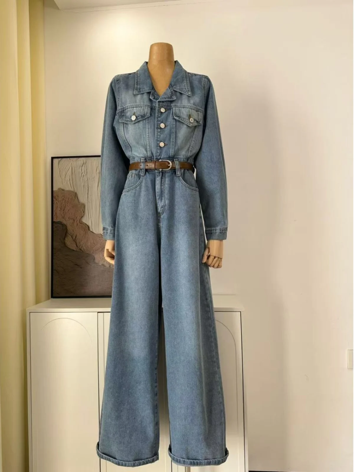 

Missy's 2025 New Sle Waed Denim High Waist Slim Fit Long Sve Onesie Wide Leg Pants Retro Hong Kong Sle Suit