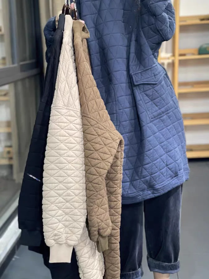 

Korean Sle Women's Thiened Cotton Jaet Autumn Winter Design Diamond Pattern High Collar Sweatirt Dr Tagl